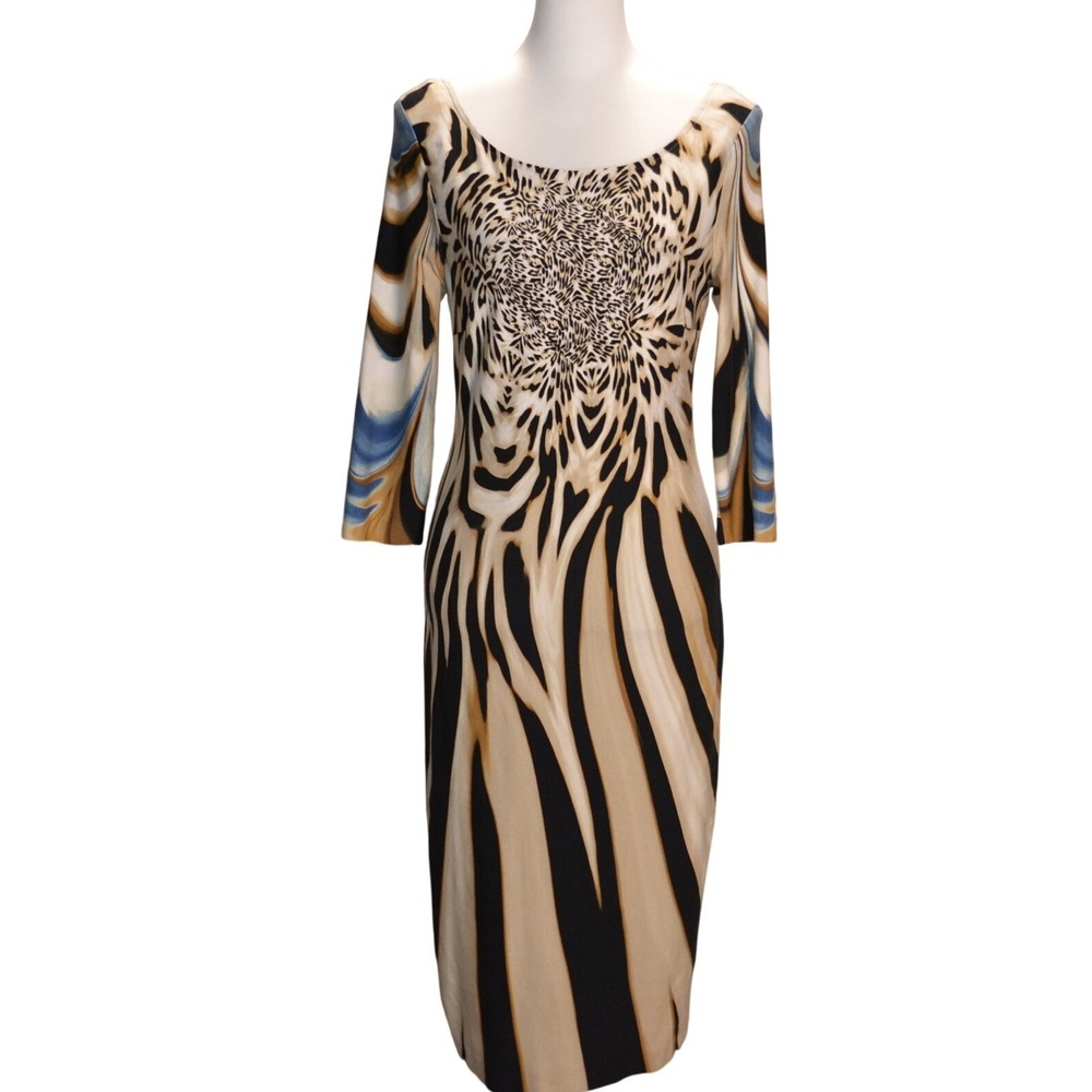 Nueva Animal Print Midi Dress Womens 10 Tan Black Abstract Tiger V-Back Cocktail